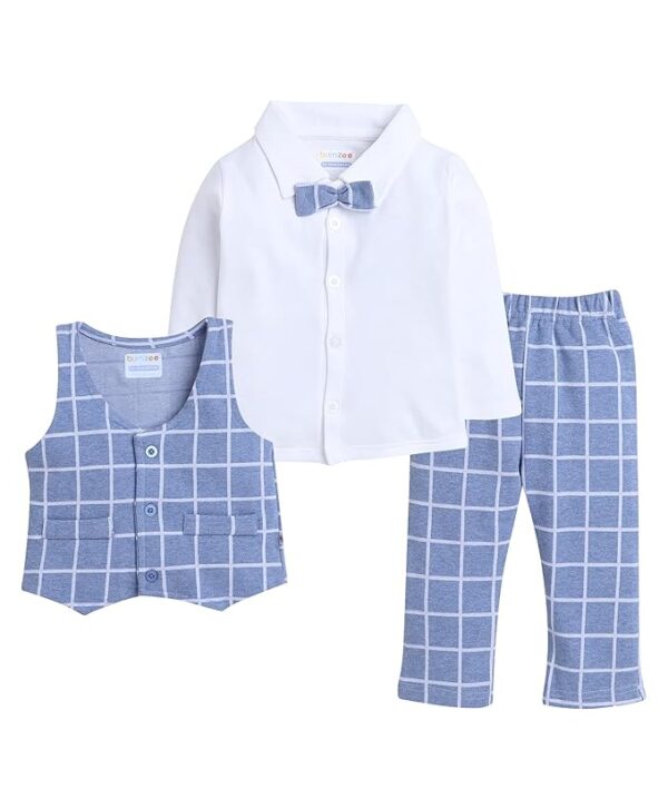 Beige & Navy Boys Full Sleeves Shirt Waistcoat & Pant Set